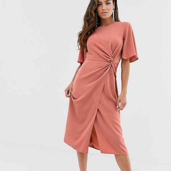 NWT ✨ ASOS DESIGN twist front midi dress with angel sleeve - Picture 1 of 3